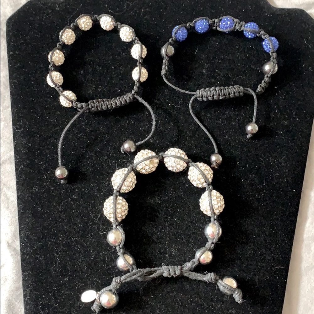 3 Crystal Shamballa Bracelets two silver & 1 blue
